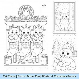 Christmas Cats Coloring Pages: Cozy Winter Holiday Scenes (PDF Printable A4 - Etsy