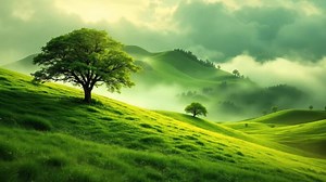 Download Rolling Green Hills Landscape with Mist and Lone Trees Serenity for free