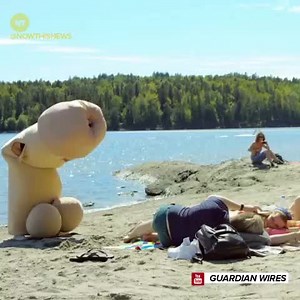 A Scandinavian health company is using a giant penis mascot to spray confetti on people to raise awareness about the spread of STDs.