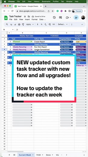 How to update the NEW updated custom task tracker each week. If you've seen the original tutorial of the basic task tracker this one is better. Formulas/features: #duplicatetab #renametab #dropdown #copyandpaste #popoutcalendar #deleterow #tasktrackerupdate @SheetsbyOlan - updated tracker overview @SheetsbyOlan -tutorial part 0 @SheetsbyOlan - how to use the tracker #tasktracker #organized #customtracker #work #forgetful #worksmarternotharder #googlesheetstutorial #googlesheetstips #learngoogles