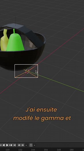 Défi Blender Jour 7 - Rendering Dernier exercice avec le panier de fruits. J’avais envie d’apprendre quelque chose qui me sera toujours utile, peu importe le projet : le rendering. C’est cette étape où l’on transforme un projet Blender en un fichier vidéo ou photo lisible sur un ordinateur. C’est l’équivalent de l’export sur un logiciel de montage, où l’on transforme un projet en une vidéo MP4, par exemple. Mais pour faire un render, il faut placer une caméra dans le projet, histoire d’avoir un