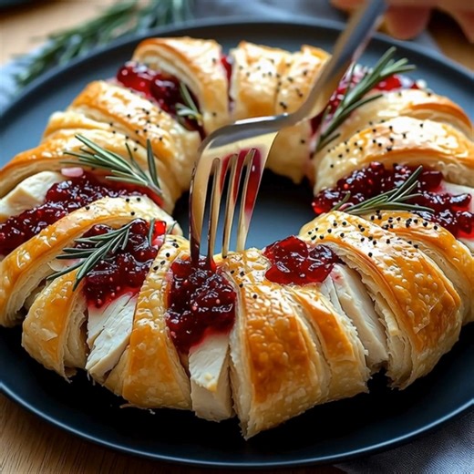 Savory Turkey and Cranberry Crescent Ring Ingredients: 1. 1 tube crescent rolls 2. 4 oz chive and onion cream cheese, softened 3. 1 1/2 tbsp Dijon mustard 4. 3 tsp finely chopped fresh rosemary or thyme, divided 5. 2 cups shredded Gruyere cheese, divided 6. 1 lb thinly sliced turkey (leftover or deli turkey) 7. 1 (14 oz) can whole berry cranberry sauce 8. 2 tbsp butter, melted 9. 1/2 tsp poppy seeds 10. 1/2 tsp granulated garlic 11. 1/4 tsp salt (adjust to taste) Directions: 1. Preheat Oven and