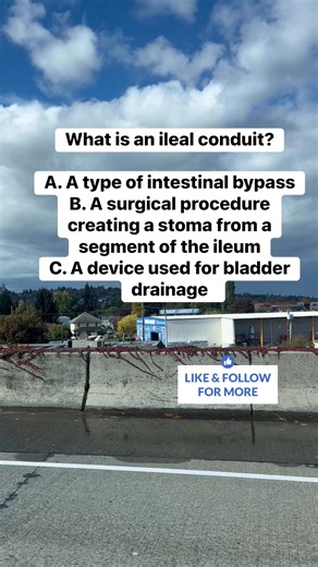 💡Ace Nclex Question of the Day Check out the answer and explanation here👇 Answer: B Discussion:An ileal conduit is a surgical procedure that involves creating a stoma (an opening) using a segment of the ileum (a part of the small intestine) for urine drainage when the bladder is no longer functional. Nclex Rapid Quiz#nurseexam#nclex #nclexstudying#nursingreview #nursingquiz #nursing #nclexprep property of Ace Nclex#fbreels25 #nle #pnle #pnlecoaching #nursinglicensure #nclexexam #nclexreview ©A