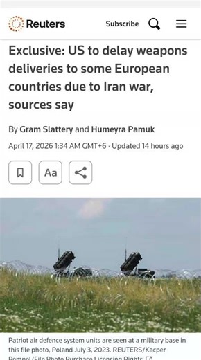 🇮🇷🇺🇸🇺🇦 US delays arms deliveries to Ukraine as Iran war depletes military stockpiles — Reuters