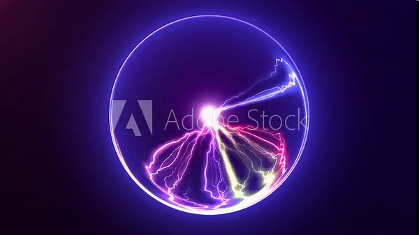 Abstract energetic glowing plasma ball with electric multicolored charges inside. Neon blue magic ball with particles on dark background. Glass shiny sphere with electricity. 4k 60fps looped backdrop.