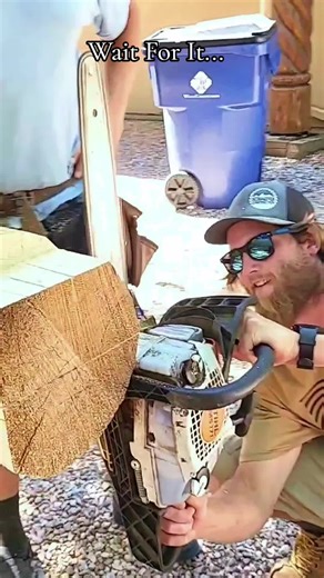 innovative way to hang this wooden log pergola beam! a notch for one side to go in the pocket and a drop-in hanger slot for the other! 💪 previously it was toenail lagged and that's where the old one failed so we wanted to think outside the box! #carpenter #construction #deckbuilding #framing #timberwork