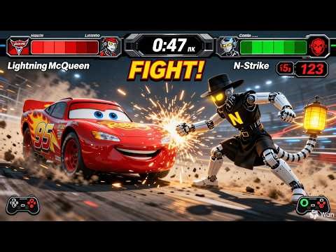 McQueen vs Serial Designation N - Fights with Healthbars | Cars vs Murder Drones