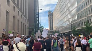 The protest against today's Supreme Court decision continues to grow, with abortion rights supporters blocking off traffic as they make their way from the Hamilton County Courthouse to the Potter Stewart U.S. Courthouse. https://bit.ly/3HP2lIw | WCPO 9
