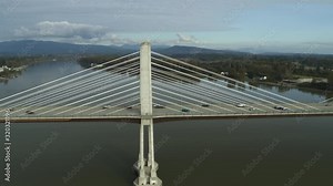 4K Aerial footage of the Golden Ears Bridge in Maple ridge connecting Langley over the Fraser River. Moving sideways.