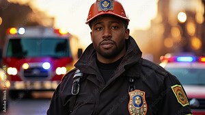 African man wearing a firefighter hat standing in front of a fire truck.