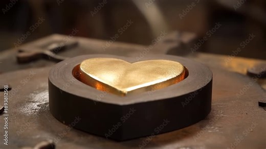 Pouring ladle spurring operator pouring molten into iron heart mold at shop bench forming heart