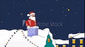 2D animated cartoon santa claus lands on roof, throws in bag into the chimney, jumps into the chimney and gets stuck.