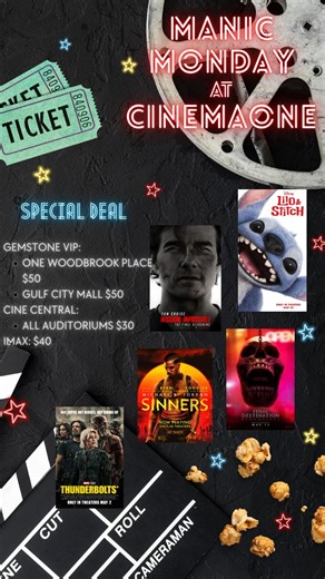 🎬 MANIC MONDAYS are here — across ALL our locations! Start your week with BIG movies at SMALL prices 💥🍿 📍 OWP Gemstone – $50 📍 OWP IMAX – $40 📍 Gulf City Mall Gemstone – $50 📍 CineCentral (CC) – $30 💸 All-day movie magic, every Monday! Tag your crew and book now → seats go fast! #ManicMondays #CinemaONE #MovieDeals #TrinidadMovies #OWP #GCM #CC | CinemaOne