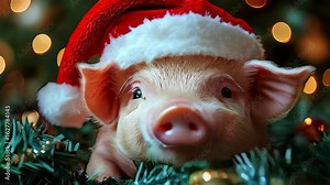 Video of a small pig wearing a Santa hat with a festive Christmas tree in the background, creating a cute and joyful holiday scene