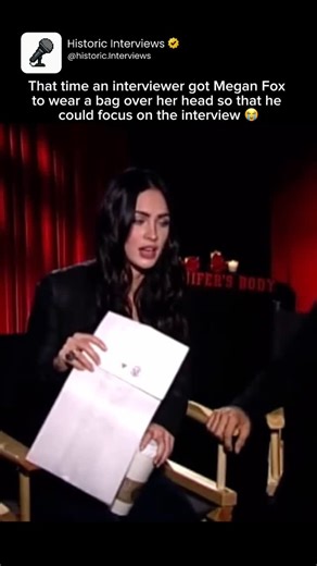 Historic Interviews 🎤 on Instagram: "During one interview for Jennifer’s Body, Megan Fox was asked to do something unbelievable—the interviewer handed her a paper bag and told her to put it over her head so he could “focus” on the conversation. She played along with an awkward laugh, but the moment exposed exactly how the industry treated her at the time: not as an actress, but as a distraction. Instead of discussing her work, the joke reduced her to the very thing she’d been trying to push pas