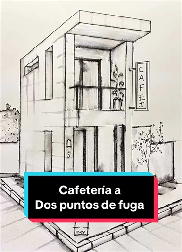 Cafetería a dos puntos de fuga. Vamos a desarrollar esta perspectiva a dos puntos de fuga, primero con lápiz, luego vamos a entrar con una pluma que se mancha muy bien con el agua para trabajar nuestra técnica de Aguada, tinta y agua con pincel, y la perspectiva es relativamente sencilla a 2 puntos como les decía, pero tiene un grado de complejidad en el acceso donde están las escaleras, hay una vitrina está la puerta se remete el elemento a dibujar, etc. ve siguiendo el video y lo más important