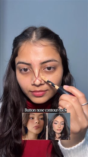 Pragya Tripathi on Instagram: "Sculpted nose contour tutorial✨ . . . . . . . . . . (Nose contour hack, slim nose illusion, snatched nose, nose shaping trick, instant nose lift, viral nose hack, makeup illusion, cream contour technique, concealer nose trick, highlight and contour, blending hack, before and after nose, no filter makeup, face sculpting hack) #hack #nosecontour #nosecontouring #makeup #makeuphack"