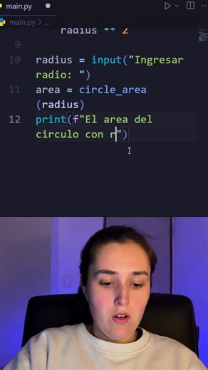 Programa con Mica on Instagram: "Calcular el area de un círculo usando python! import math def area_circulo(radio): return math.pi * radio**2 radio = float(input(“Ingresa el radio del círculo: “)) print(f”El área del círculo es: {area_circulo(radio):.2f}”)"