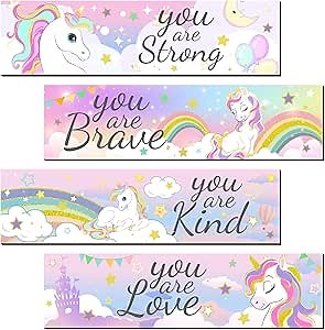 Geetery 4 Pcs Unicorn Rainbow Women Room Wall Decor Unicorn Bedroom Decor Rainbow Wooden Hanging Sign Inspirational Room Wall Art for Women Men Bedroom Nursery Decorations