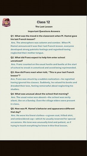 The Last Lesson - Class 12 Flamingo | Full Important Q&A | Exam 2025 Preparation | Board exams