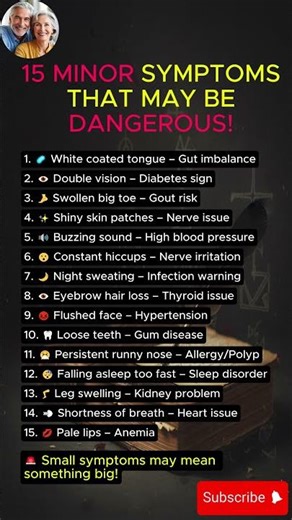 👉 15 Minor Symptoms That May Be Dangerous! ⚠️#HealthTips #SeniorHealth #ElderlyWisdom