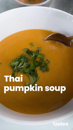 This Thai-inspired pumpkin soup only has four ingredients and it’s ready in just about 30 minutes. Flavoured with red curry paste, this soup is extra creamy with coconut milk. Perfect for when you want something quick, warm and nourishing. If you’d like this recipe, Google ‘Taste Thai pumpkin soup’. #pumpkinsoup #pumpkinrecipes #thaiflavours #autumnrecipe | Taste.com.au