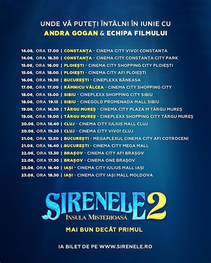 192 reactions · 73 comments | TURNEUL 2 este aici!! De data aceasta pentru Filmul Sirenele 2 "Insula Misterioasa" 隆‍♀️ Grabeste-te sa prinzi bilete pe sirenele.ro in salile cu ecranizarea speciale, unde facem si MEET and GREET  Daca vrei sa adaugam si orasul tau in turneu, ia-ti toti prietenii si umpleti sala de cinema, iar daca ai orasul cu cele mai multe bilete vandute venim si la tine! | Andra Gogan | Facebook