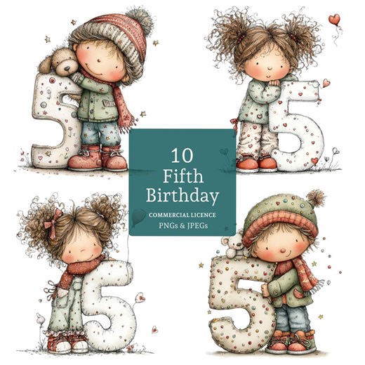 5th Birthday Girl and Boy Clip Art, Watercolour Printable Number Graphics, 10 Pngs/jpgs, Digital Download - Etsy