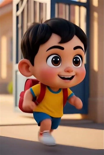 3D cartoon little boy running fast with school bag bouncing, dynamic motion, happy face, legs i #vjl