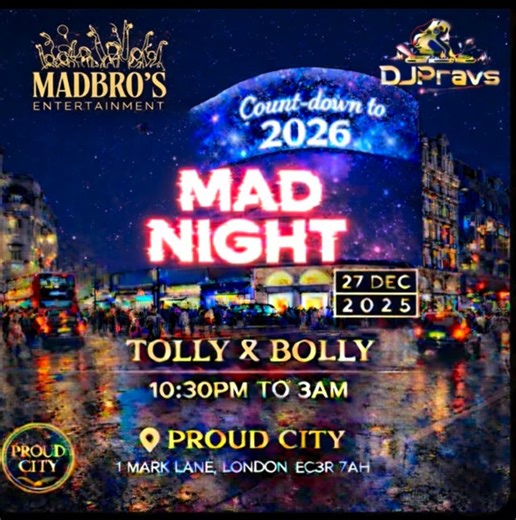 MADBRO'S ENTERTAINMENT on Instagram: "🎉 MAD NIGHT – Countdown to 2026 🎉 One year away… and we’re coming back MADDER 🔥 You asked. You waited. We’re back ❤️ MAD NIGHT – Countdown to 2026 Let’s count down together 🥂✨ Tolly X Bolly NYE Special Get ready for an unforgettable MAD NIGHT as we count down to 2026 in true desi-meets-UK style! 🇮🇳🇬🇧 Join us for a high-energy night filled with the best of Tollywood & Bollywood beats, vibrant vibes, and non-stop dancing in the heart of London. ✨ What