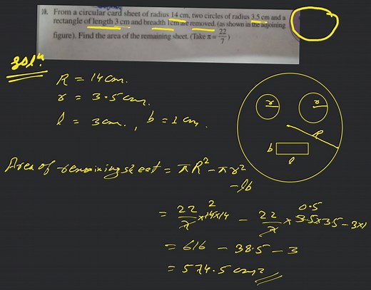 10. From a circular card sheet of radius 14 cm, two circles of ... | Filo