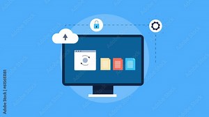 Cloud computing concept, user sync files on cloud base online data storage, protecting user information with cloud security technology, video animation.