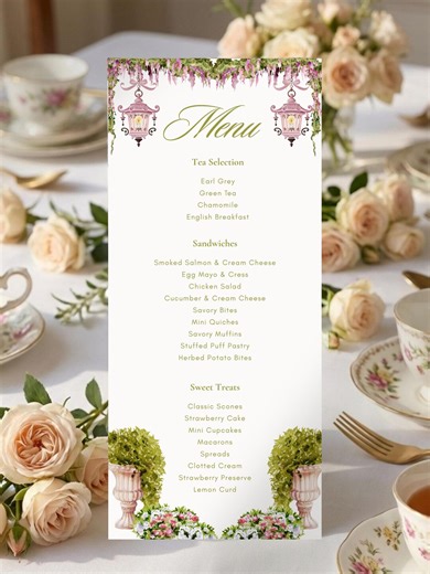 Tea Party Menu Template, Mother’s Day Brunch Menu, Bridal Shower Menu Card, Floral Garden Menu, Editable Canva - Etsy