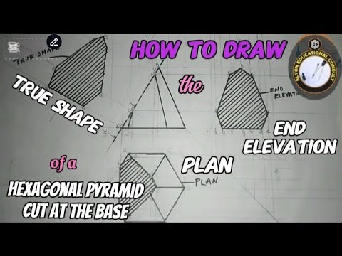 How to draw plan, true shape and end elevation of a hexagonal pyramid cut at the base