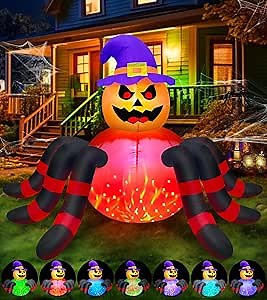 [ 7 Colorful Magic Rotating Light ] 5 Ft Long & 3.2 Ft Tall Halloween Inflatable Outdoor Decorations Pumpkin Spider with Witch Hat Built-in Color Changing LED Light Halloween Blow Up Yard Decor Garden