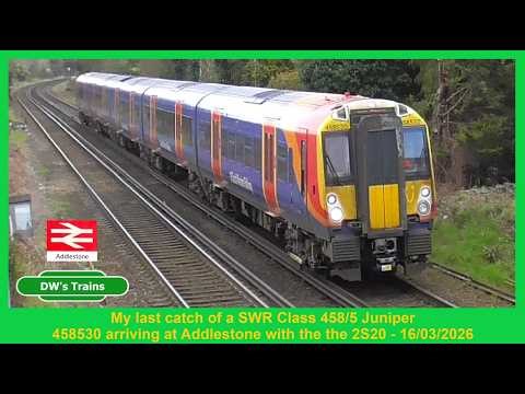 My last catch of a SWR Class 458/5 5-Car "Juniper" with 458530 arriving at Addlestone on 16/03/26