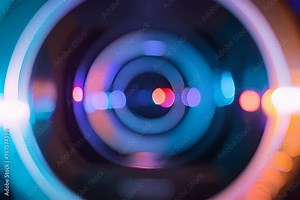 Vibrant camera lens flares in motion. Close-up of a camera lens with colorful light reflections and dynamic blur effects