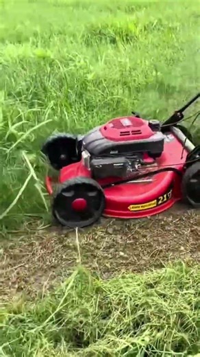 cutting overgrown green grass in an open field using a red gas powered push lawn mower for tidiness