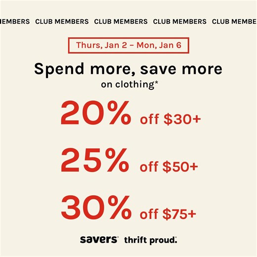 15K views · 41 reactions | Happy 2025 savings.  Existing members, check your email for coupon. Discount applied for new members at checkout. Some restrictions may apply. See store for more details. | Savers | Facebook