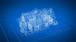 Beautiful Abstract House Construction 3d Grid Blueprint on Blue Background. 3d Animation of Building Process on the Plan. Construction Business Concept. Last Turn is Loop-able. 4k Ultra HD 3840x2160.