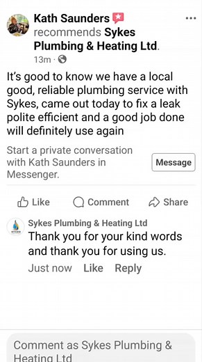 A couple of nice reviews this week | Sykes Plumbing & Heating Ltd | Facebook