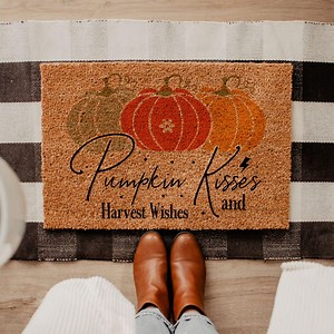 Fall Front Porch Doormat – Autumn Welcome Mat – Thanksgiving Entry Rug – Cozy Rustic Fall Gift – Pumpkin Kisses Harvest Wishes Doormat - Etsy