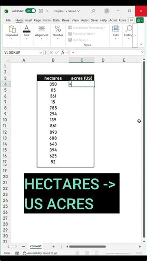 Convert Hectares to US Acres in Excel Super Easy #shorts