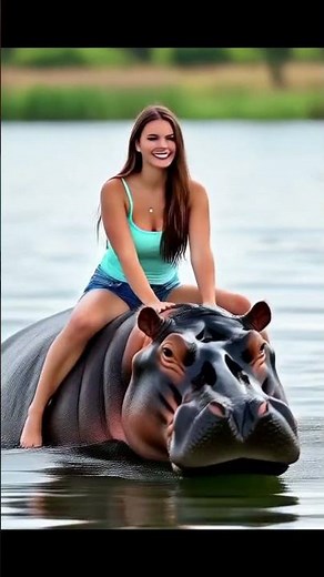 A beautiful girl riding a hippo which is danceing #wildlifeentertainment # #wildworld #animals