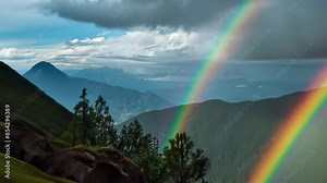Double rainbow arching over a lush green mountain landscape with distant peaks and a cloudy sky. The vibrant colors of the rainbows create a stunning and serene natural scene.