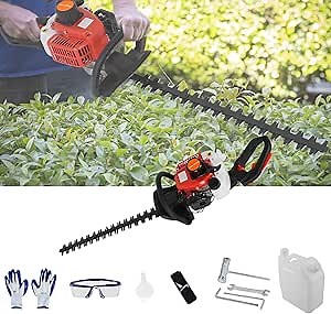 24 Inch Gas Hedge Trimmer with Double Side Blade, 26CC 2 Cycle Gas Powered Hedge Trimmer, 2 Stroke Fuel-efficient Low Voice Gas Bush Cutter (Red)