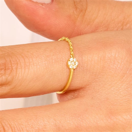 14K Gold Diamond Cluster Chain Ring, Half Solid Half Chain Band, Dainty Flower Ring, Real Gold Minimalist Stacking Ring, Birthday Gift - Etsy
