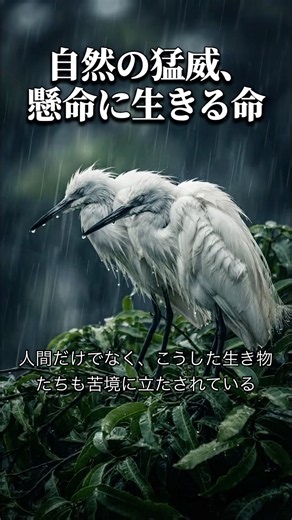 日本で大雨降り続く冷たい雨の中、木の上でじっと耐え忍ぶ白い鳥たちの姿に胸が締め付けられる…