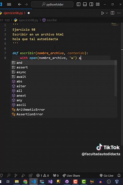 Aprendiendo python con ejercicios 98/100 Escribir en un archivo html hola que tal autodidacta #facultadautodidacta #python #pythonprogramming