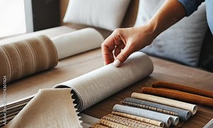 A hand selecting fabric swatches from a variety of textiles and color samples.